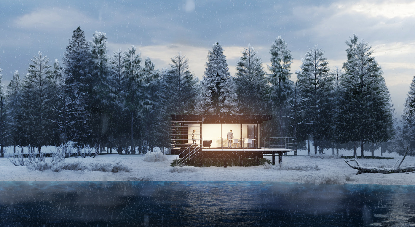 tiny house de 50m2 : façade vue neige