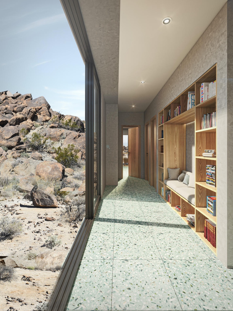 couloir avec bibliothèque et sol terrazzo vert
