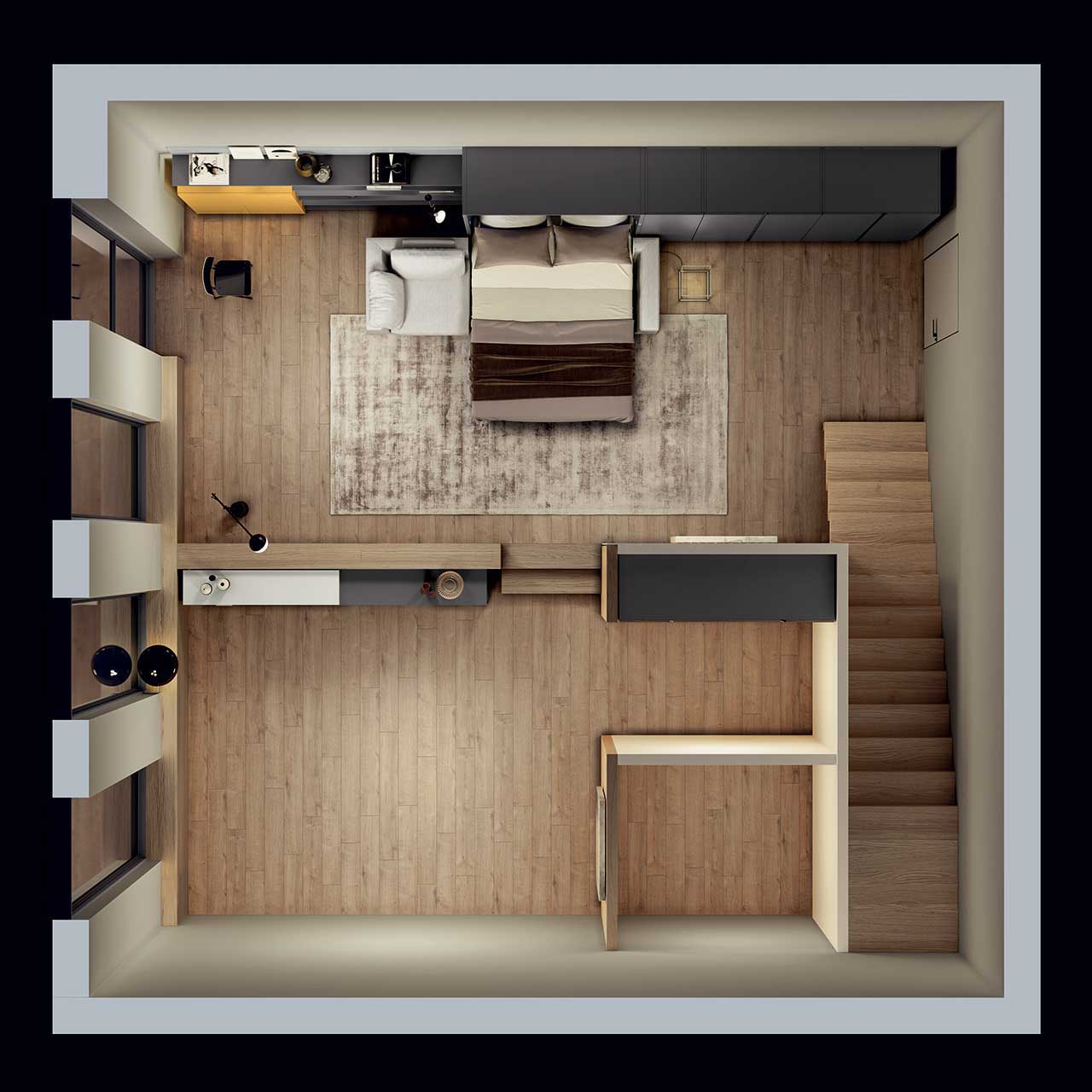 plan 3D salon avec lit armoire