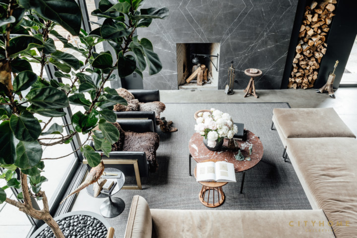 salon avec cheminée design marbre