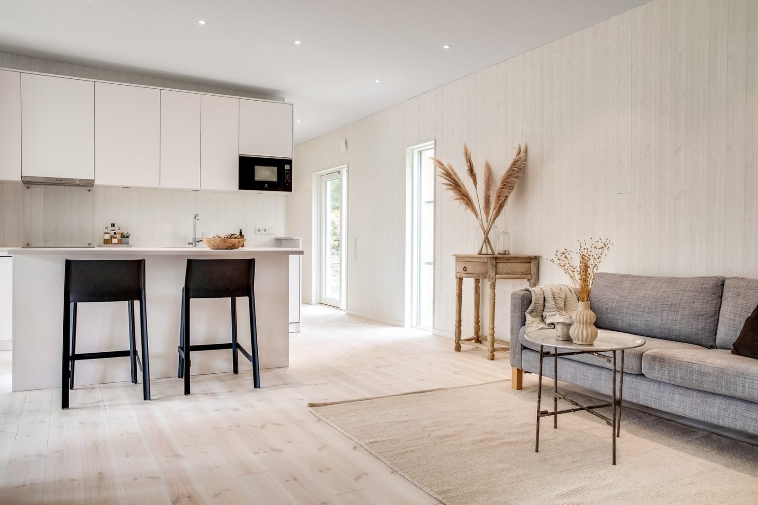 salon minimaliste avec cuisine ouverte maison en bois
