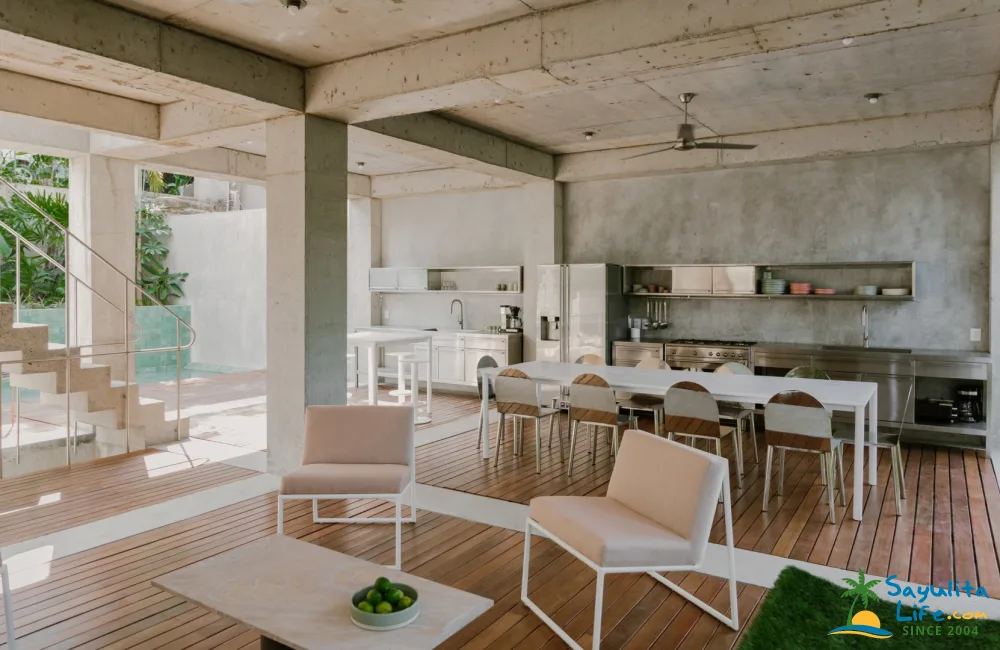 terrasse bois avec cuisine et salon maison architecte béton