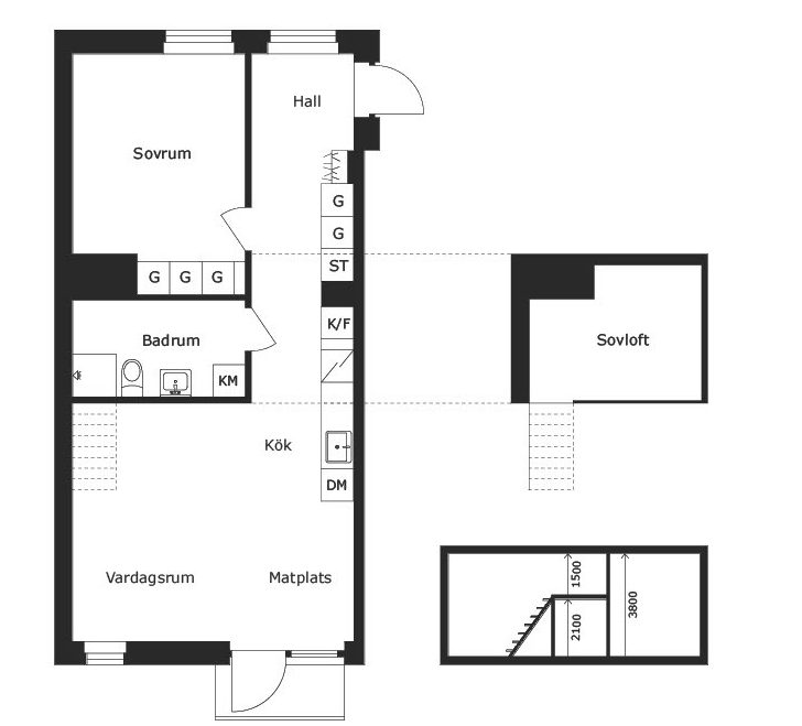 plan mini loft 55m2 avec mezzanine