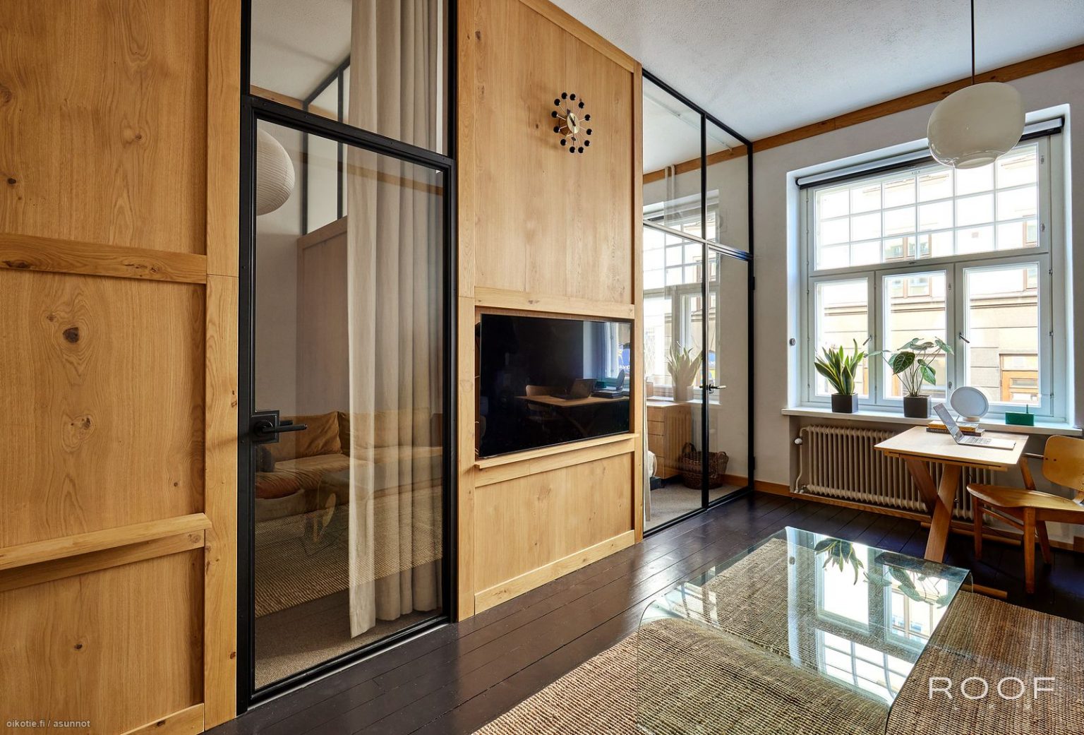 salon avec verrière intérieure décoration vintage scandinave
