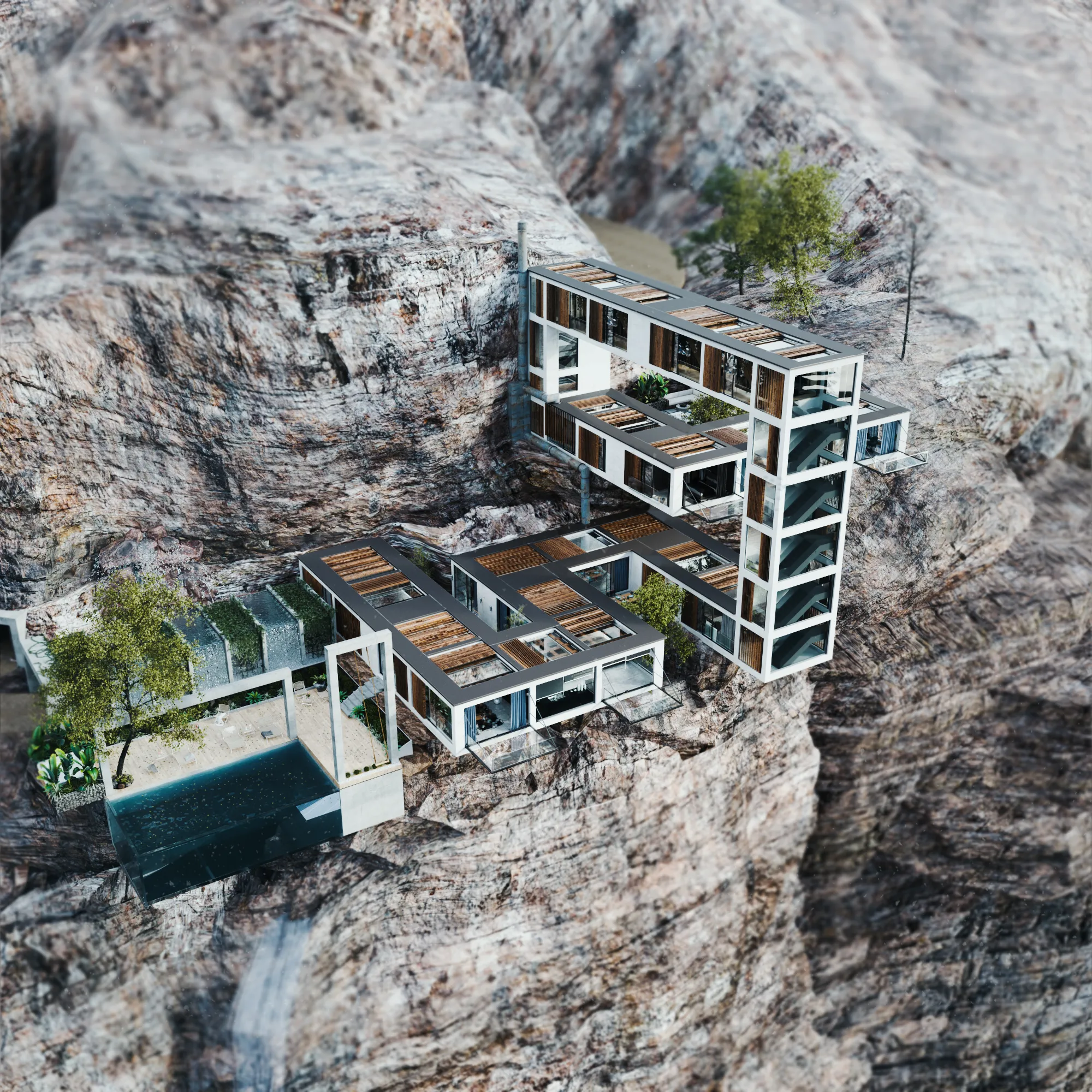 maison design construite à flanc de falaise