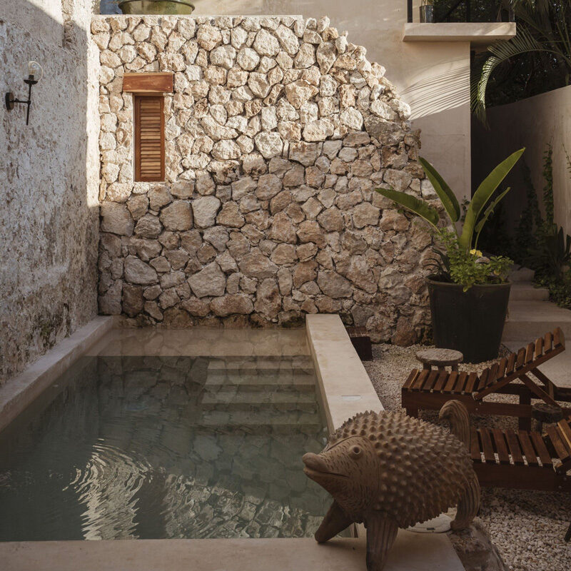 jardin avec mur en pierres et petite piscine