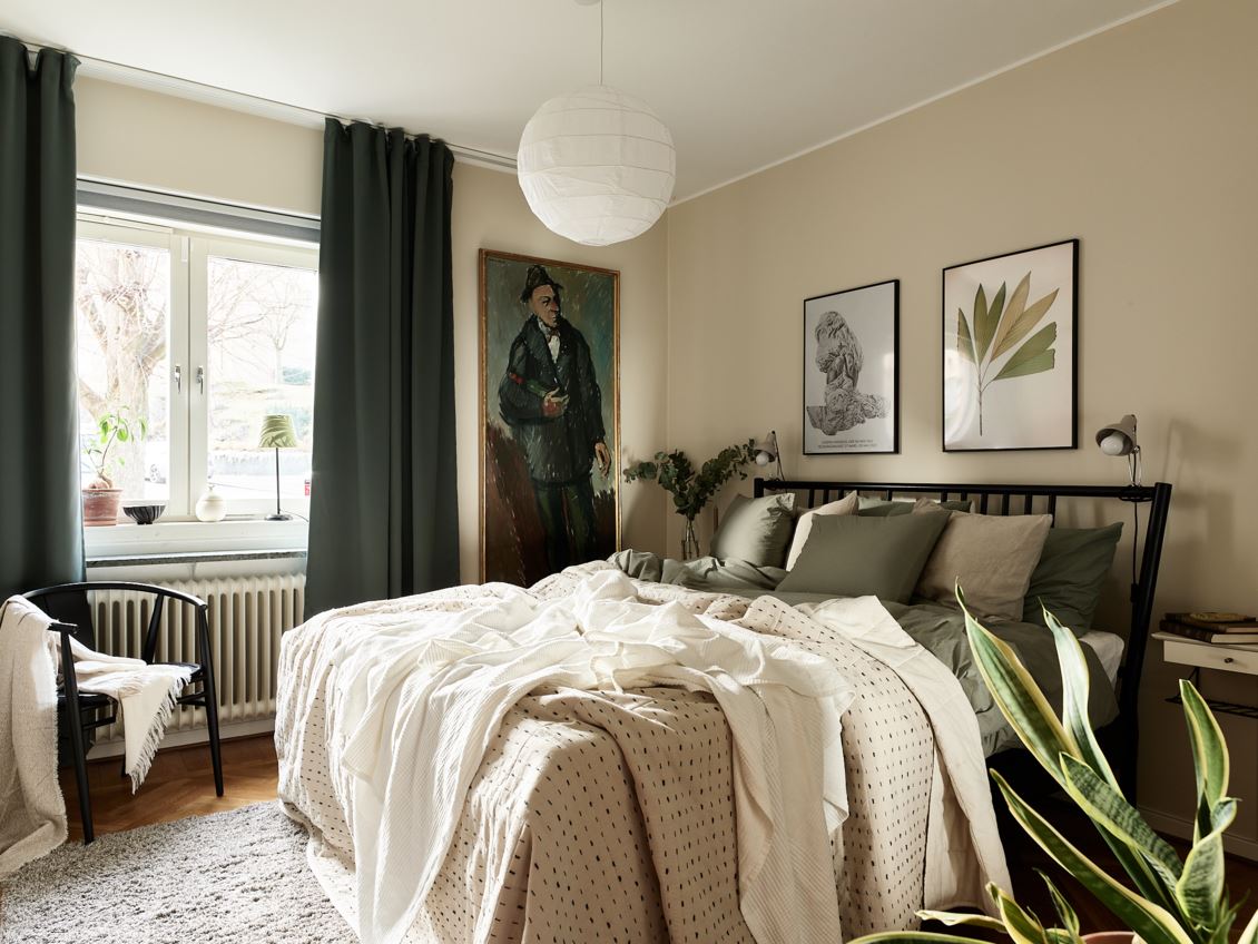 chambre décoration beige et verte