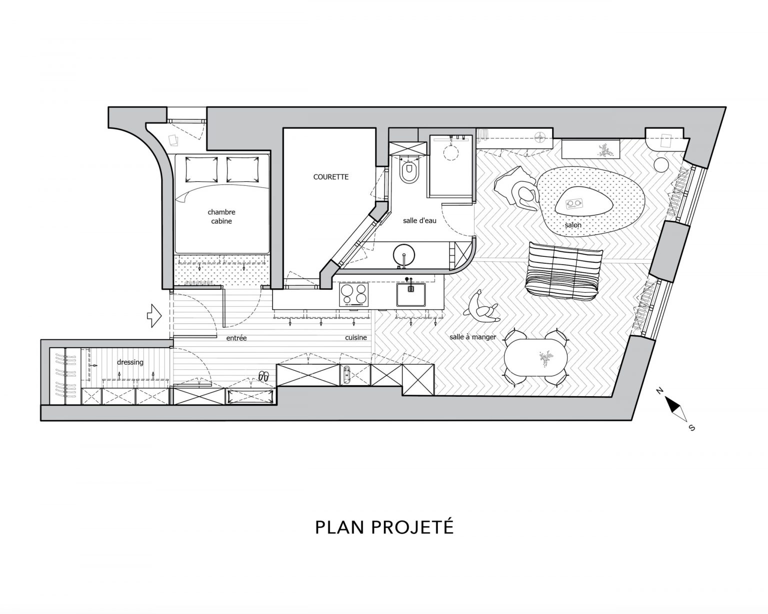 plan petit appartement haussmannien 42m2 Paris