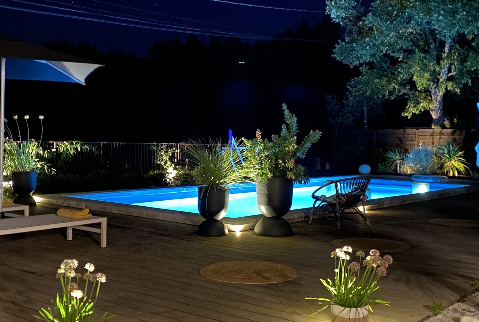 jardin avec piscine vue nuit