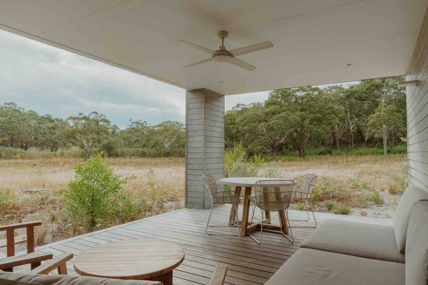Prefab off-grid wooden house terrace