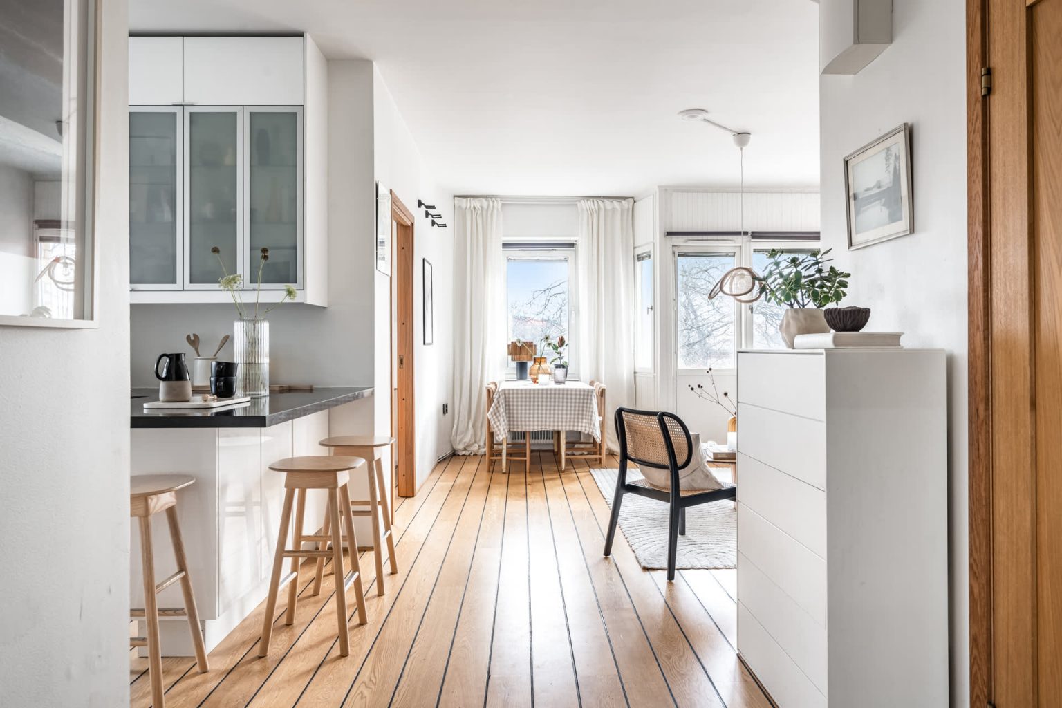 salon avec cuisine ouverte décoration scandinave et naturelle