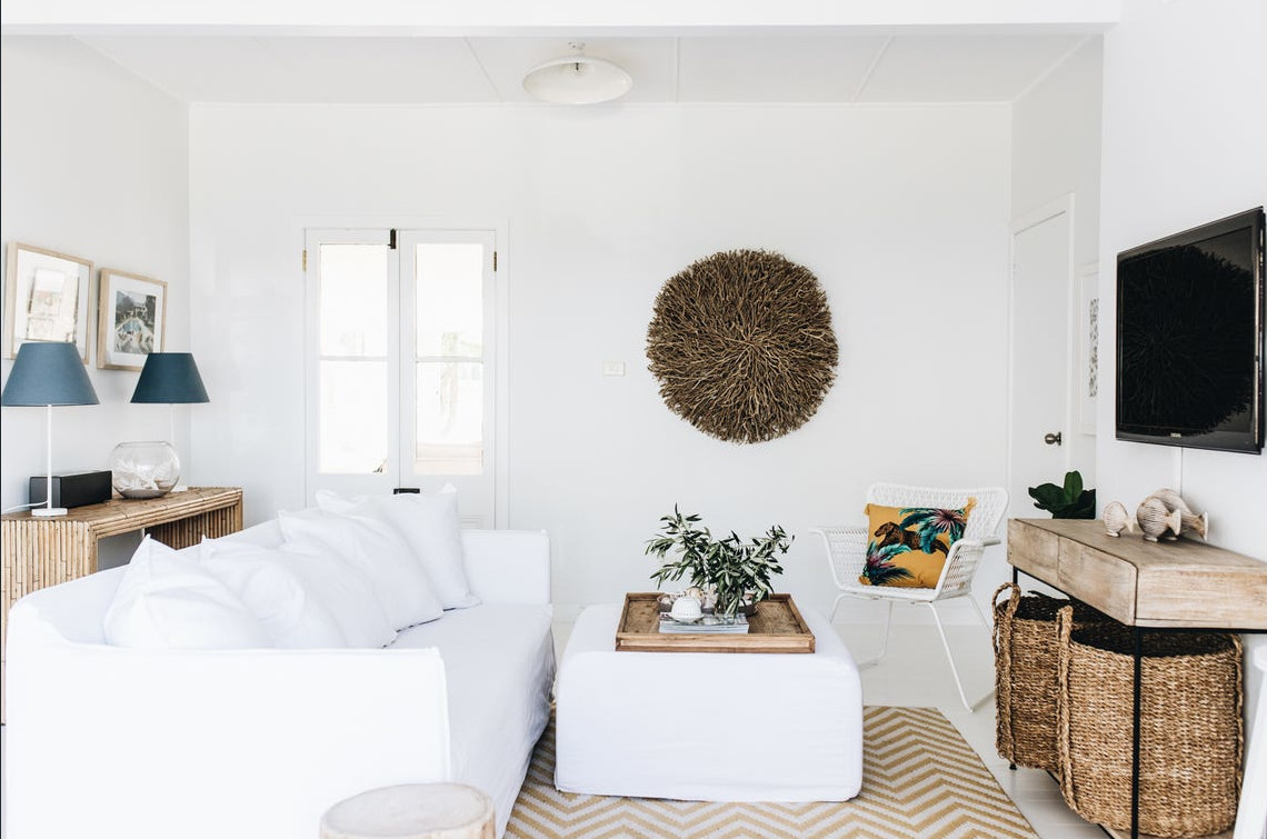 Living room white and natural decor beach house australia