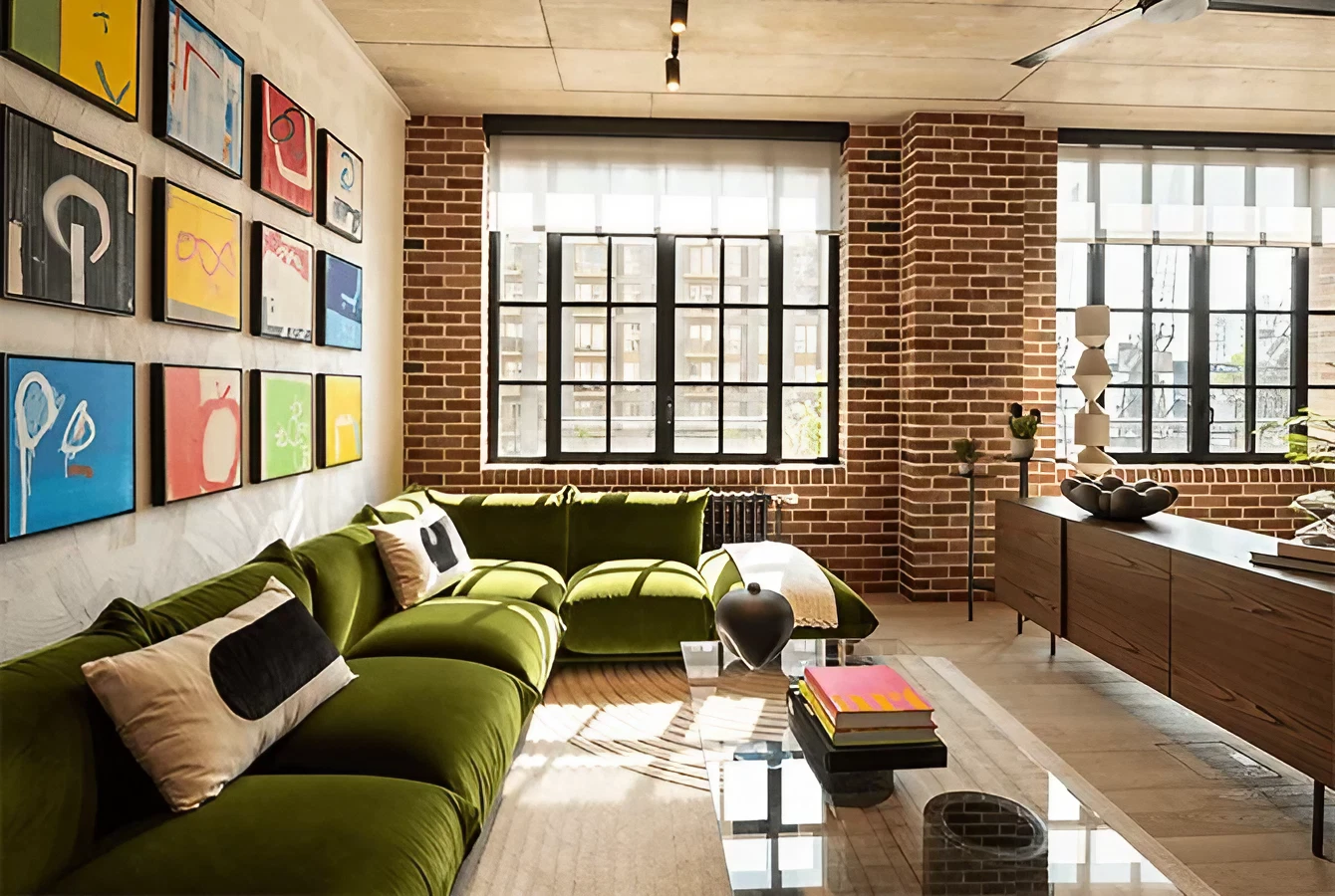 salon avec canapé vert loft Londres