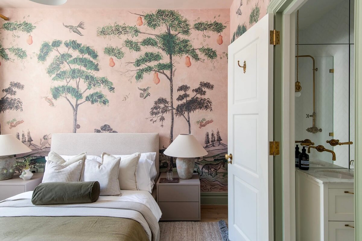 chambre papier-peint végétal rose