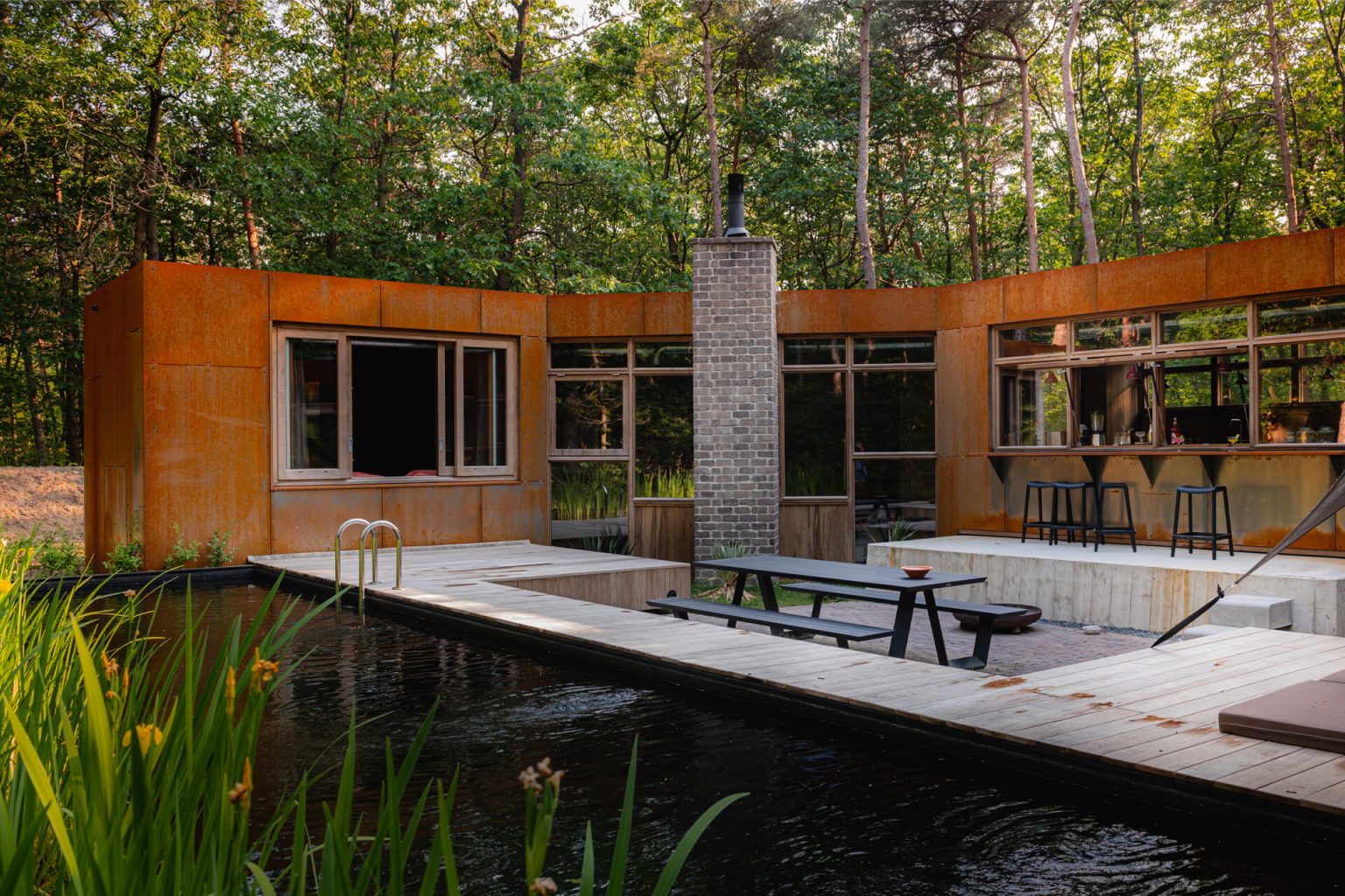 maison contemporaine intérieur bois avec piscine naturelle