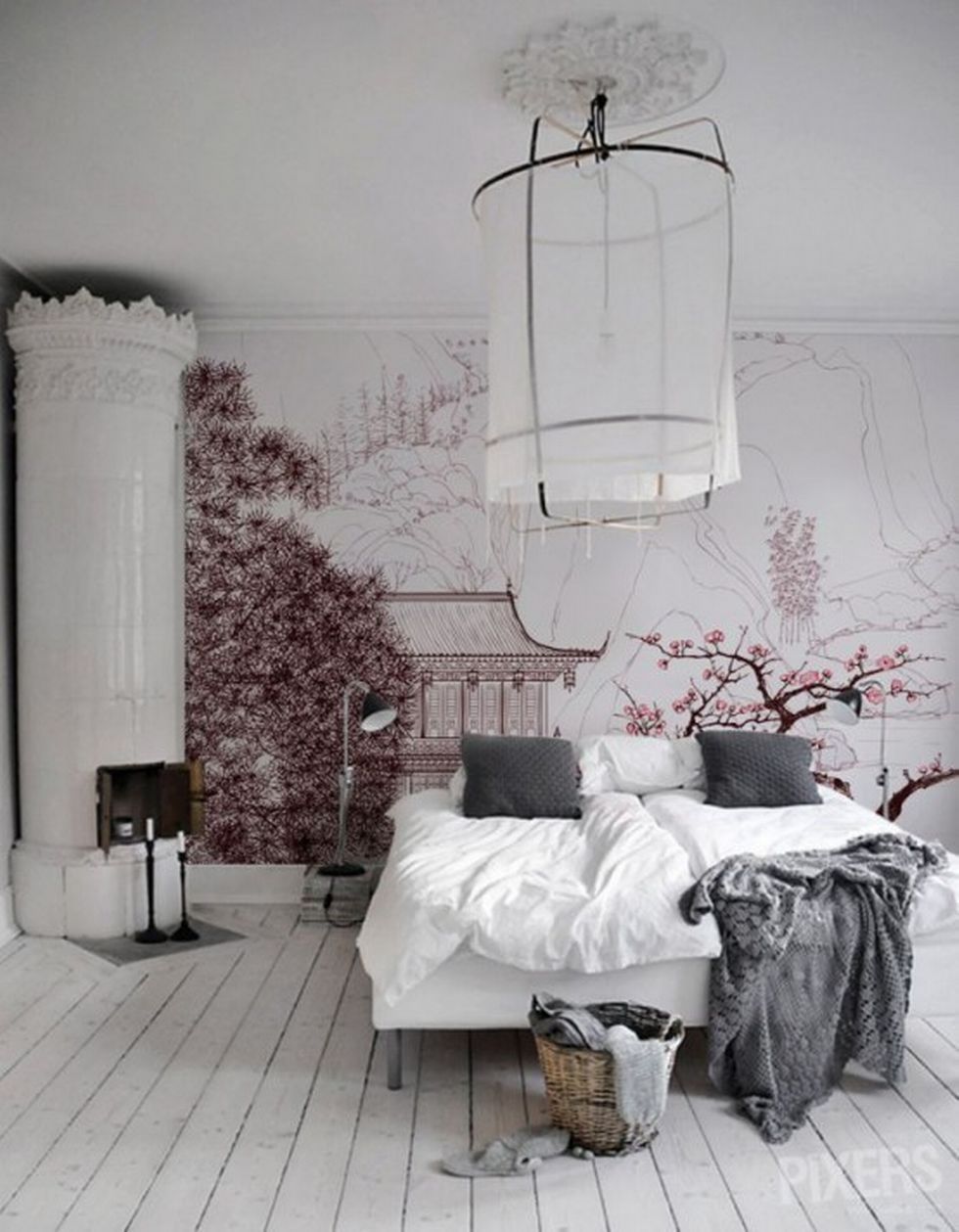 chambre avec papier-peint panoramique tons roses