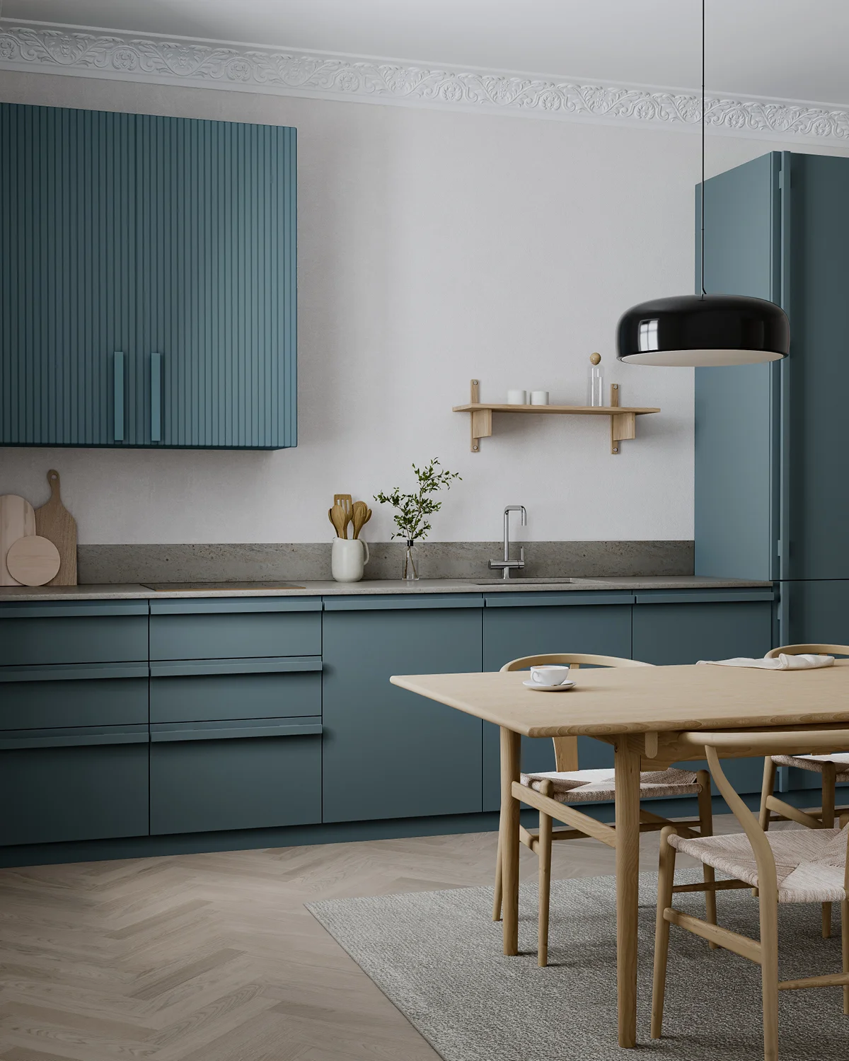 cuisine design bleue avec moulures mobilier IKEA upgradé par Superfront