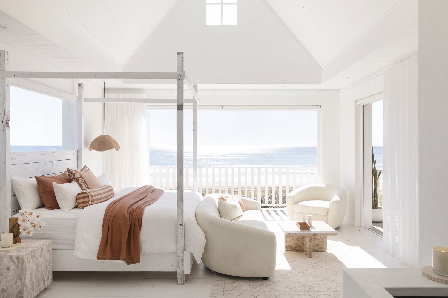 Bedroom canopy bed beach house australia rolling cheese white decor