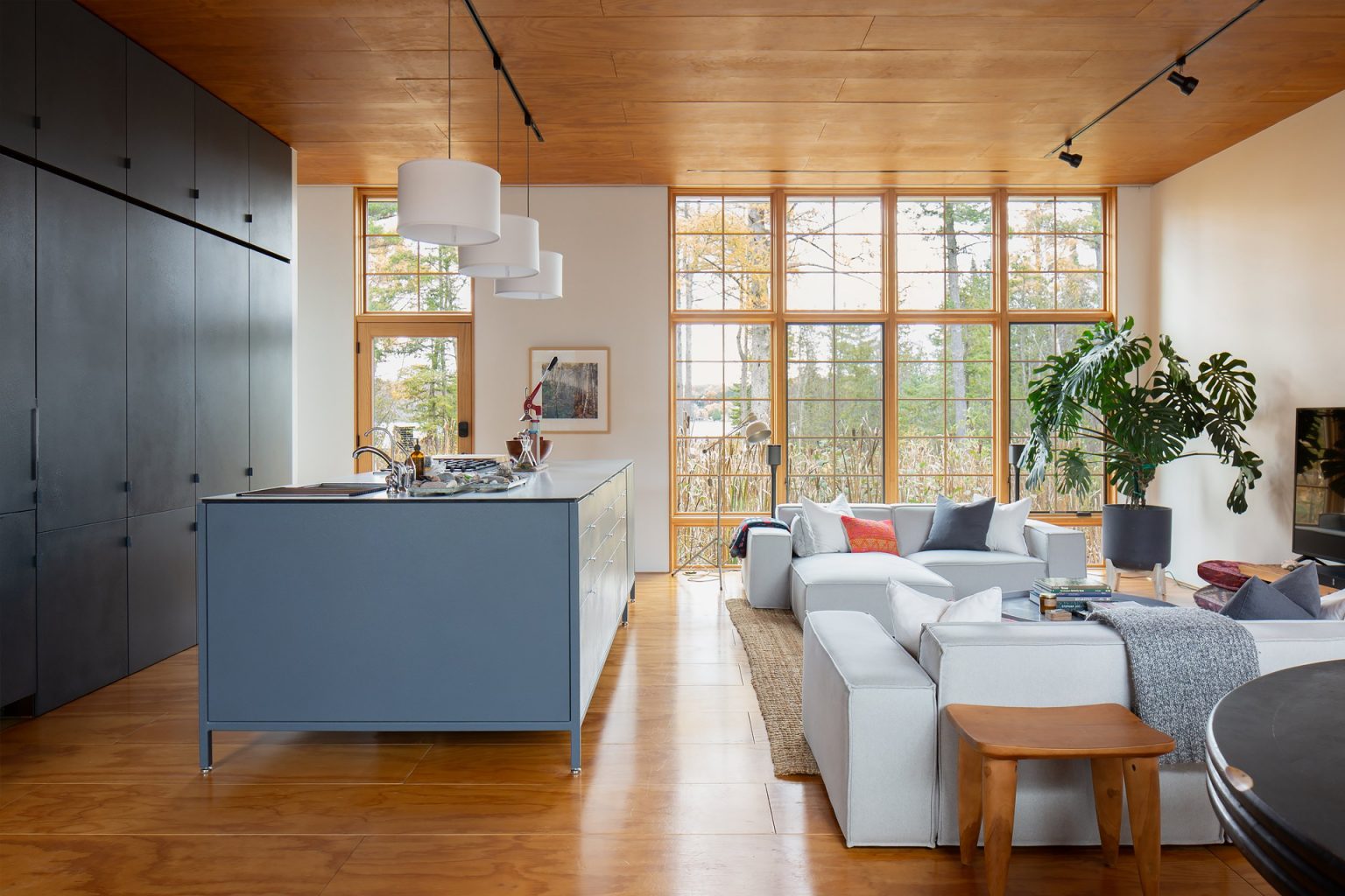 salon avec cuisine ouverte maison contemporaine en bois