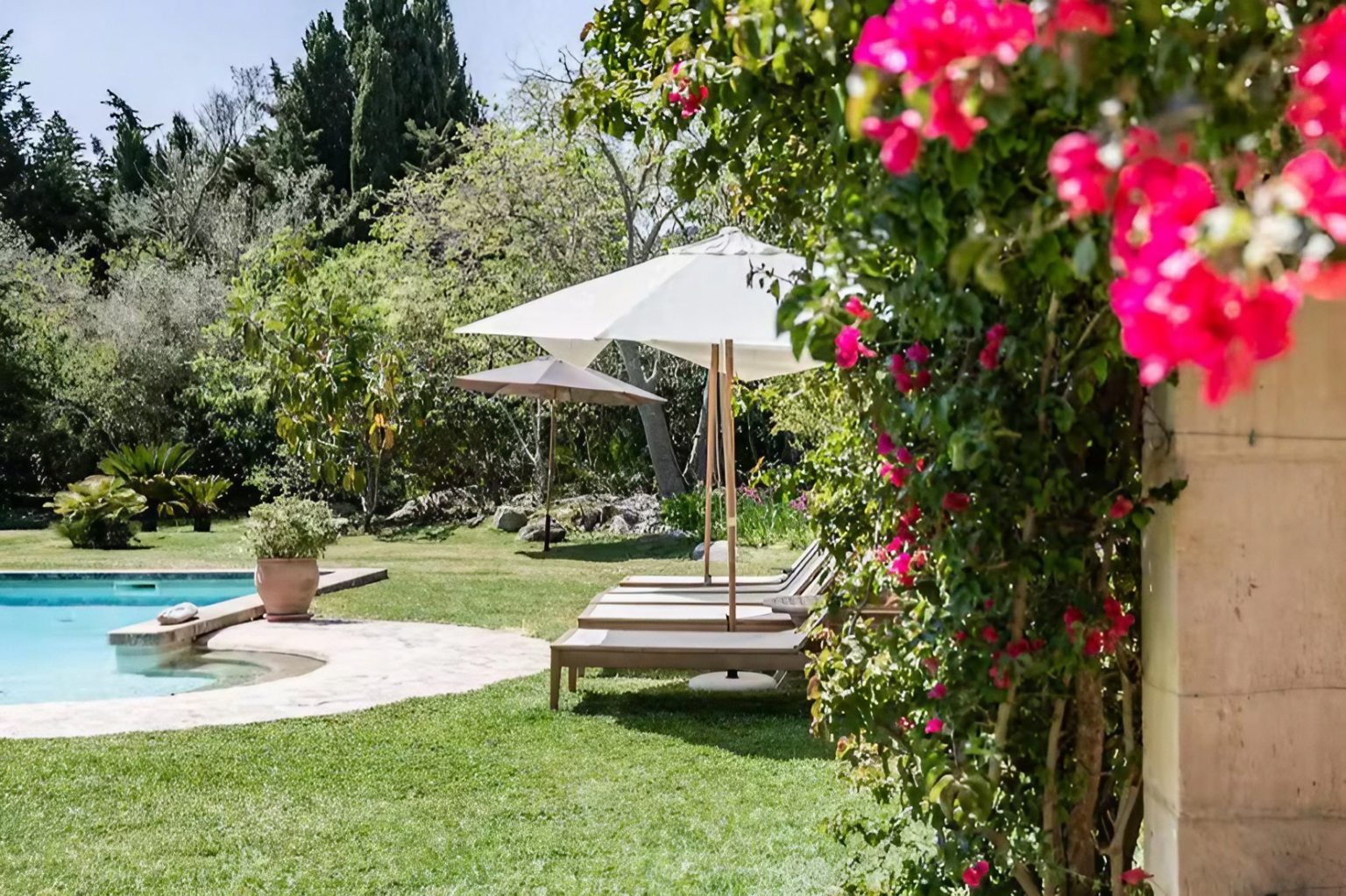 jardin avec piscine maison en pierres