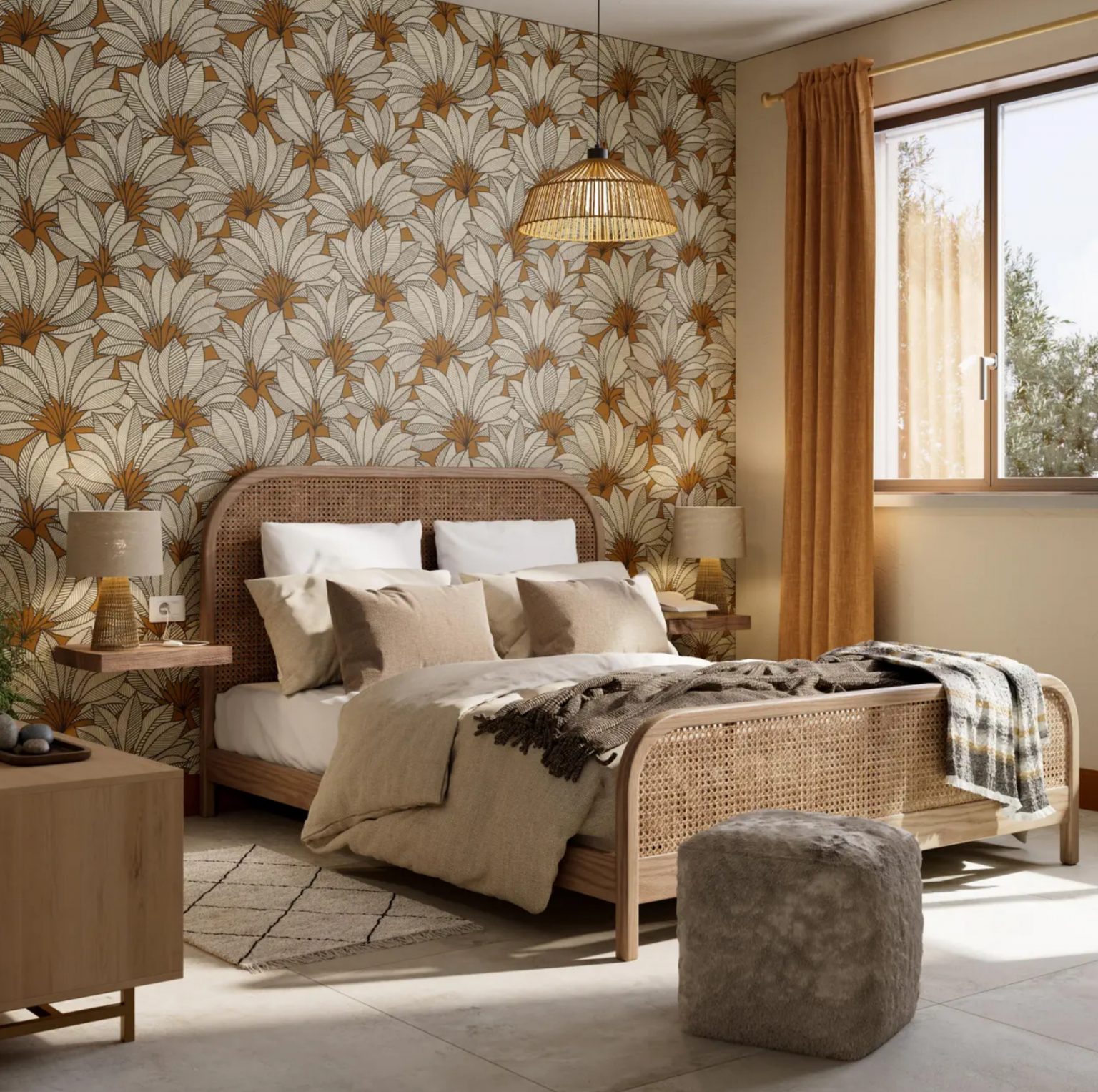 chambre décoration matériaux naturels papier-peint marguerites