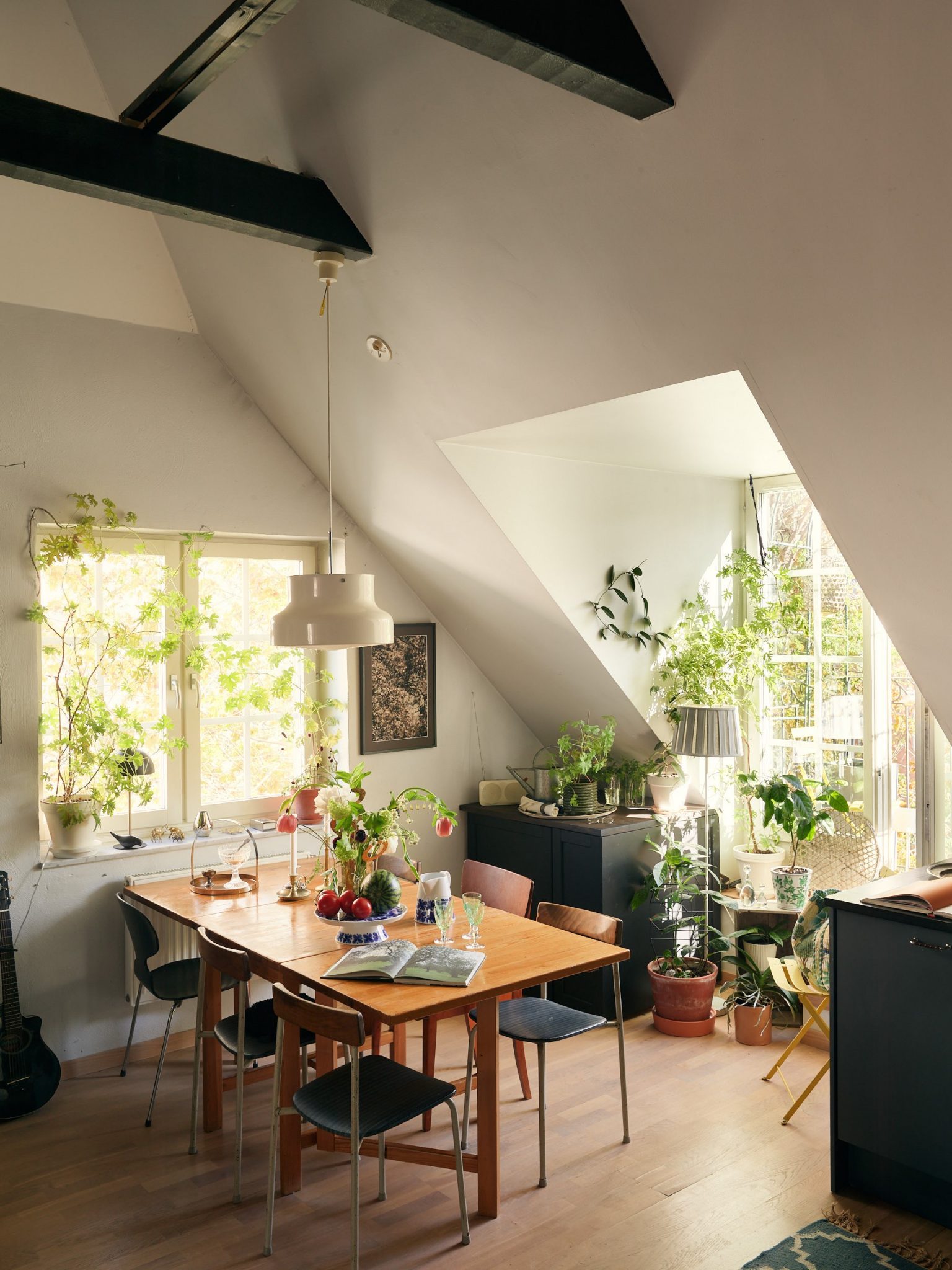 salle à manger avec plantes vertes et poutres décoration vintage