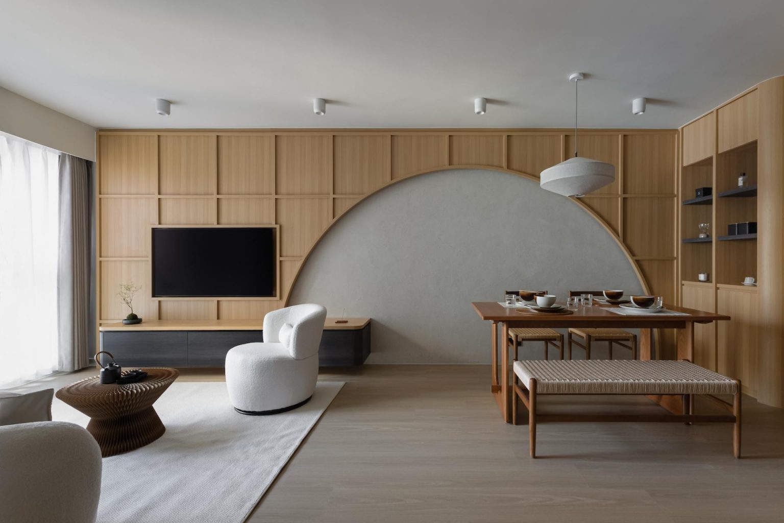 salon et salle à manger décoration design bois et gris