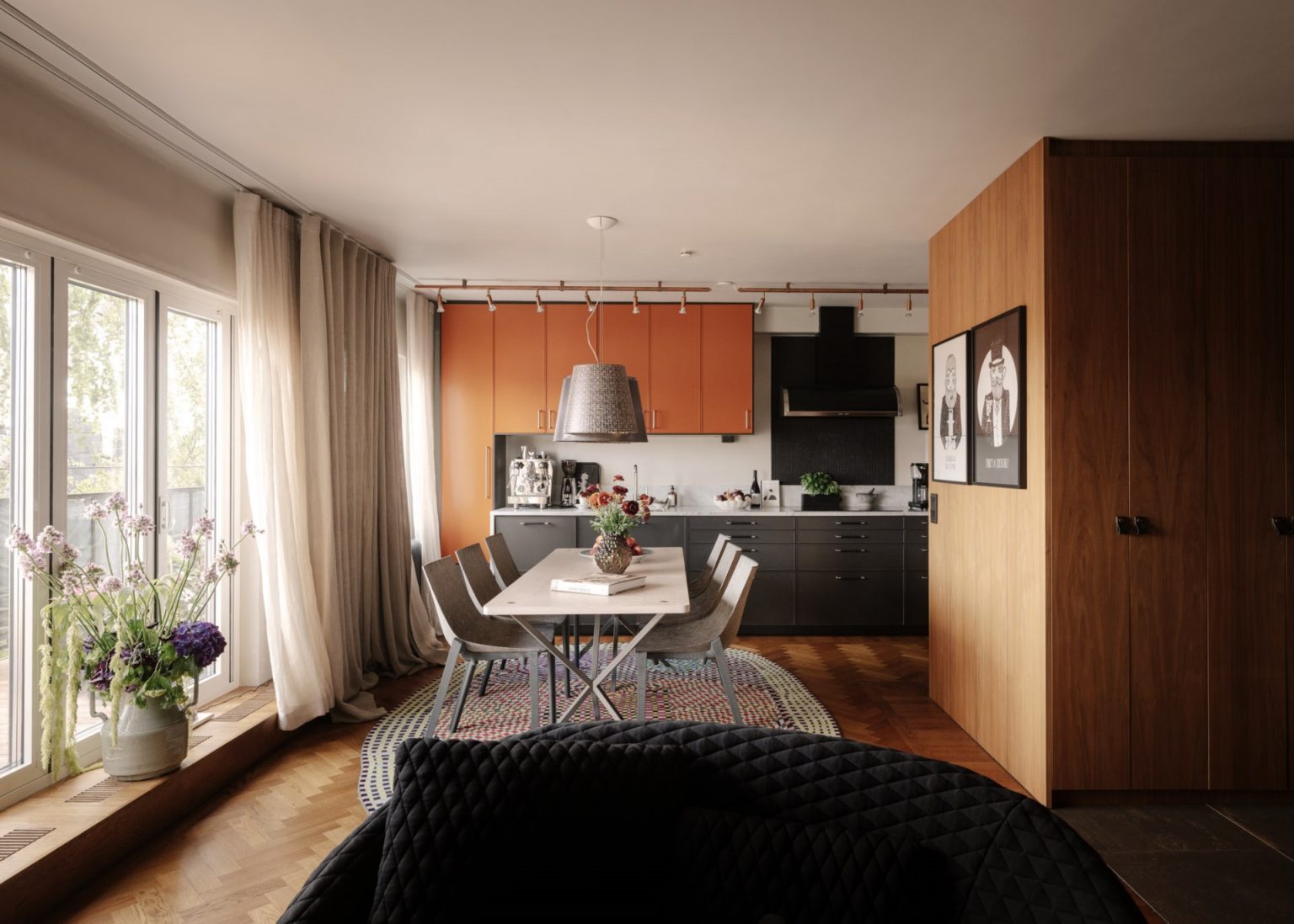 cuisine et salle à manger studio 42m2 avec alcôve décoration design bois et gris