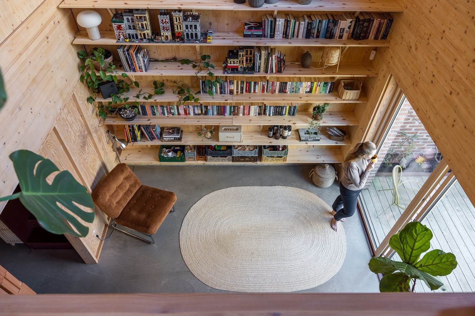 salon murs bois avec bibliothèque