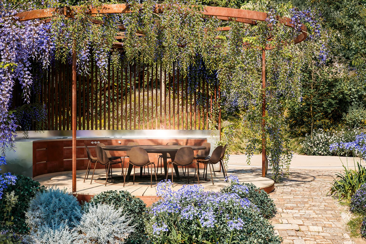 jardin avec pergola et glycine