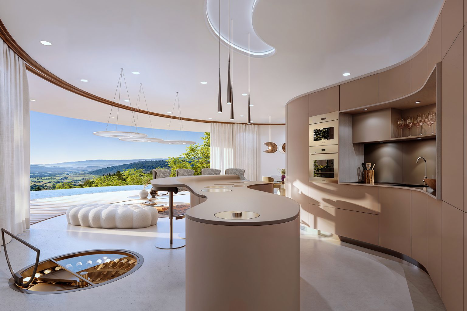 cuisine et salon décoration design maison bioclimatique et circulaire CURV à Gordes