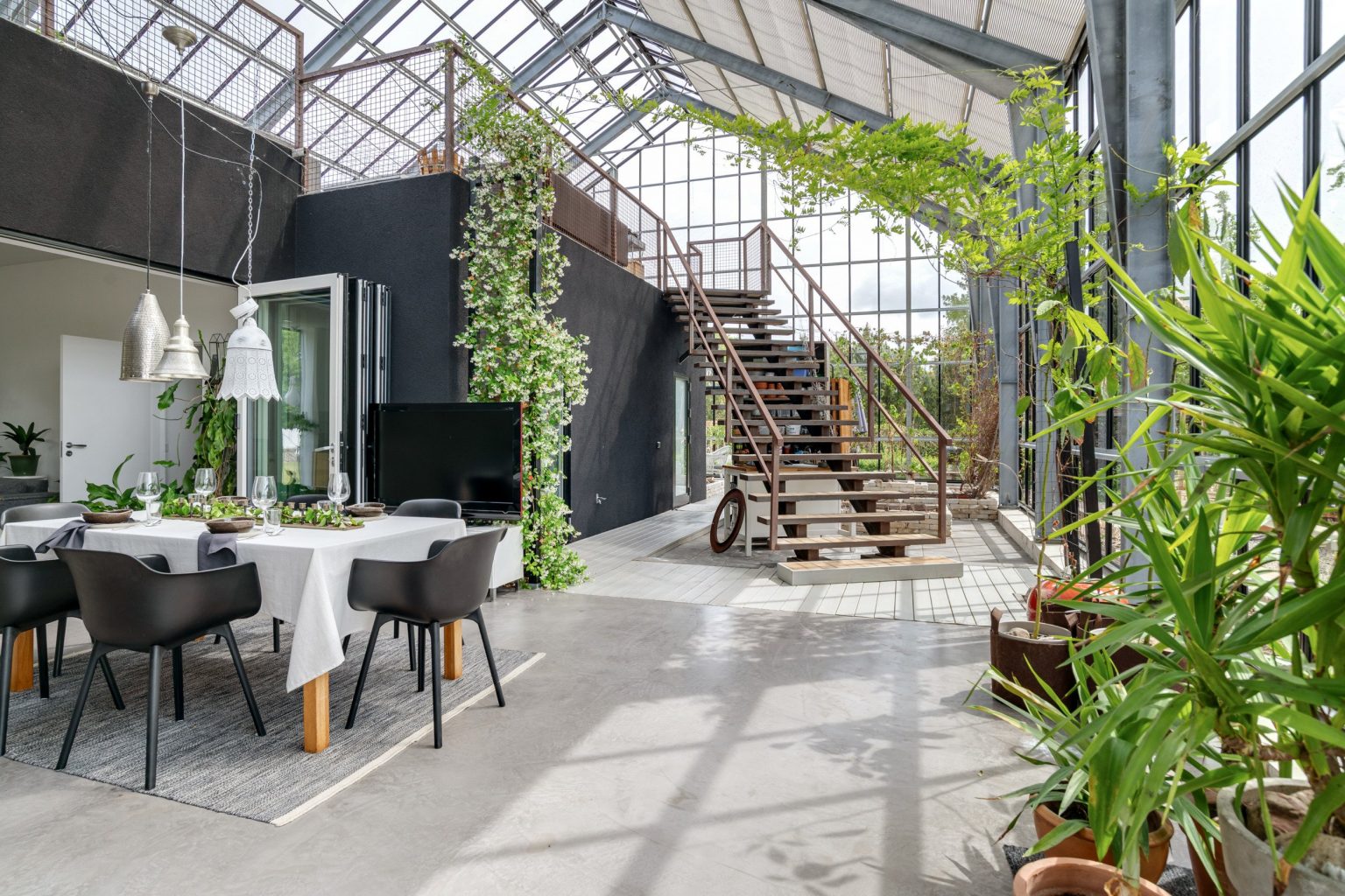 salle à manger maison de verre façon serre