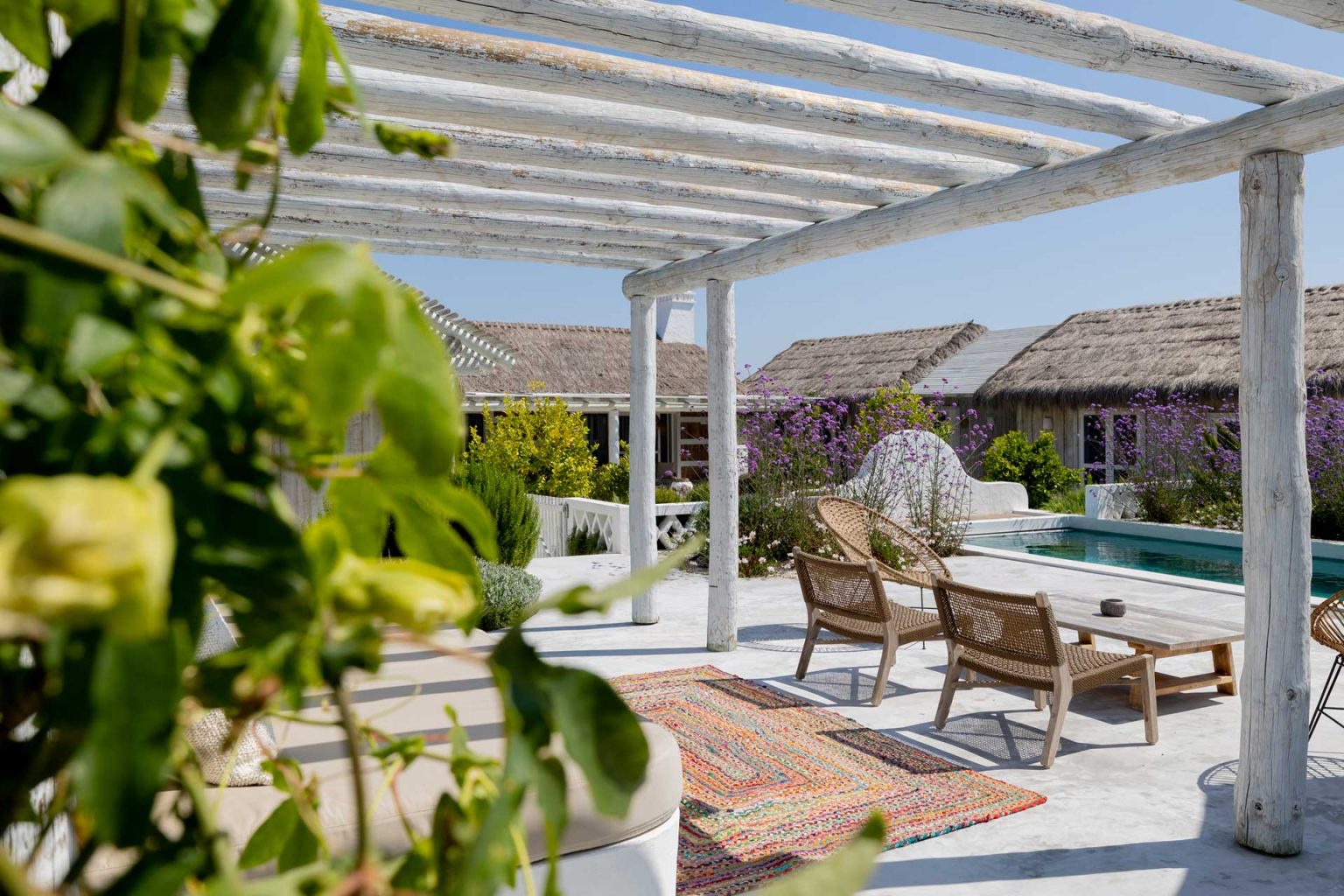 terrasse avec piscine et pergola bois rustique