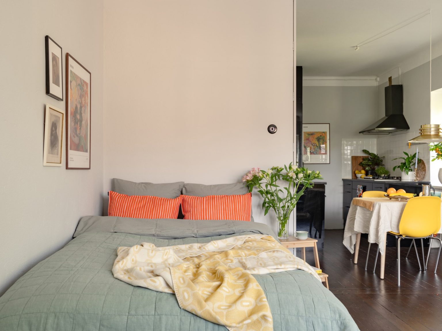 cuisine et espace chambre studio 29m2 décoration colorée et vintage