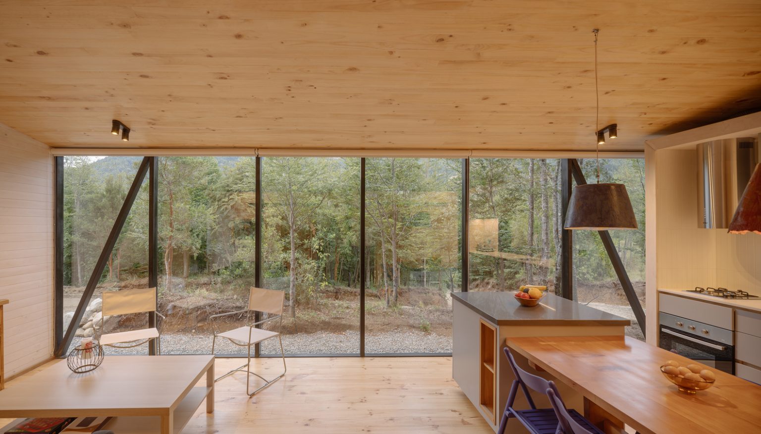 salon salle à manger et cuisine ouverte maison en bois