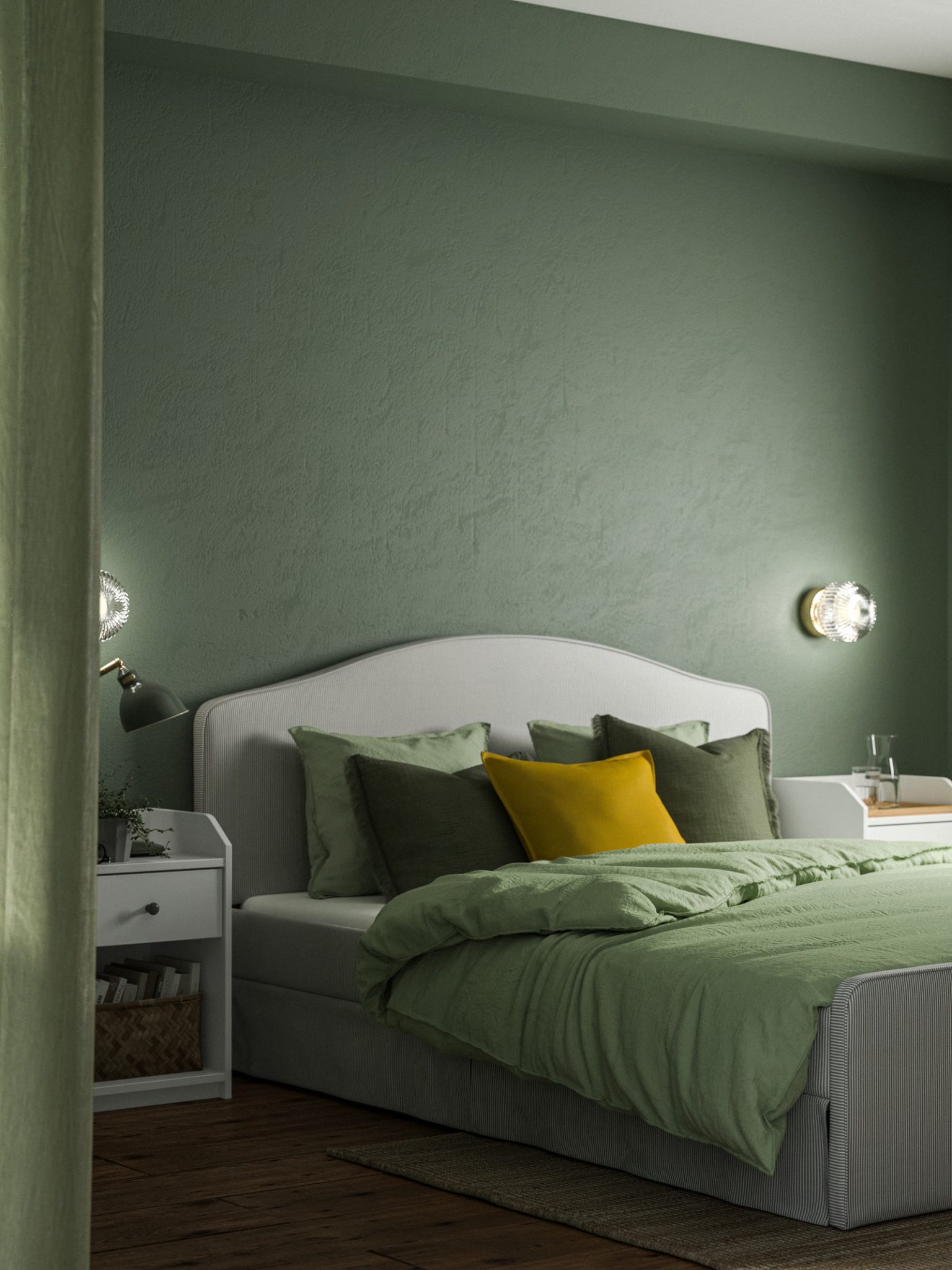 chambre mur vert lit IKEA