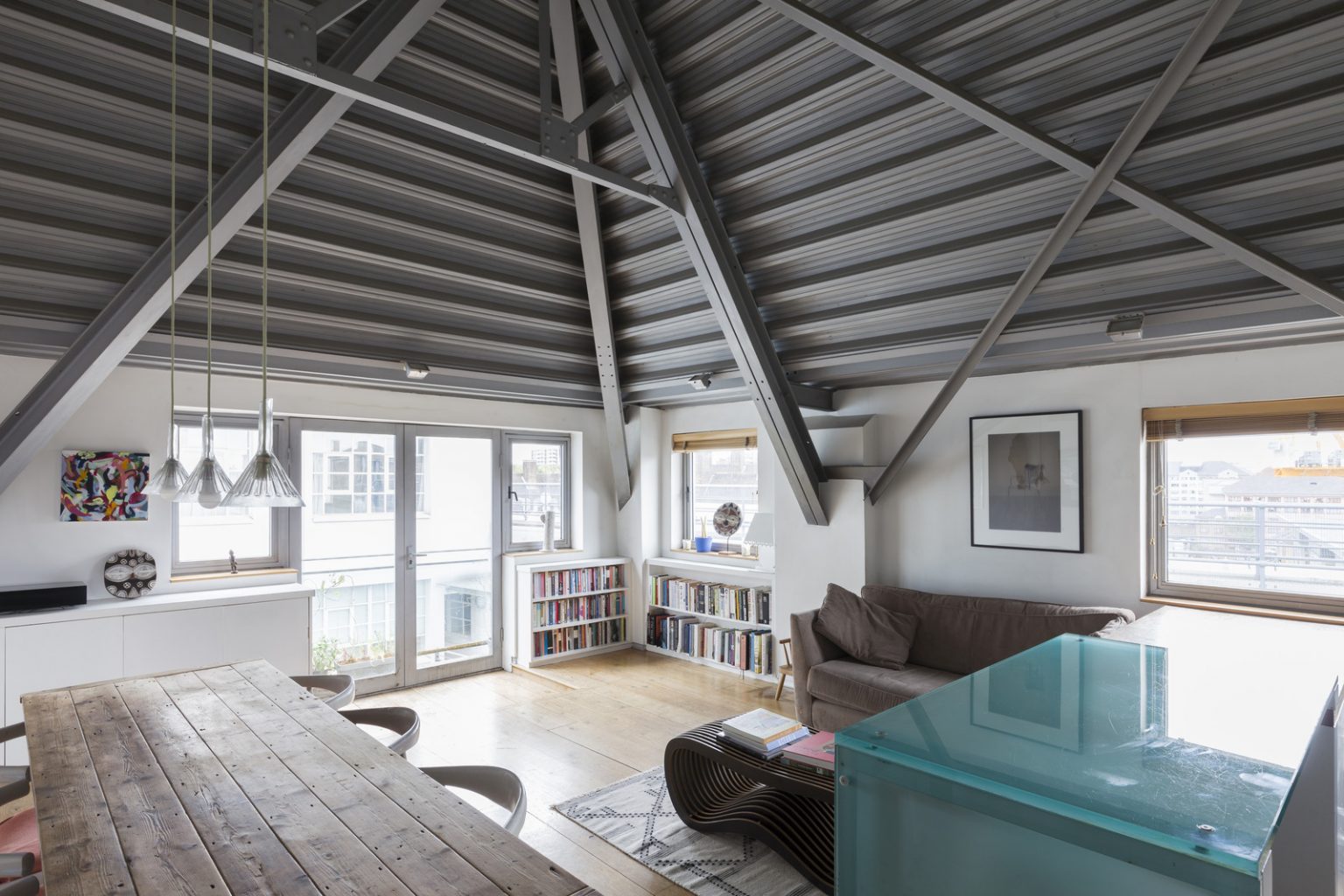 salon et cuisine ouverte loft Londres 77m2