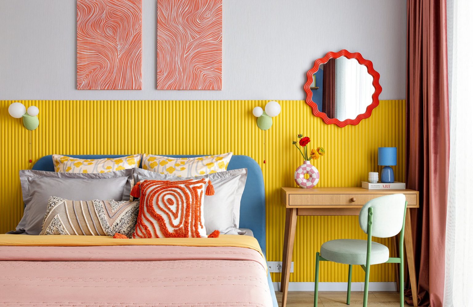 espace chambre petit studio 26m2 décoration colorée style Memphis