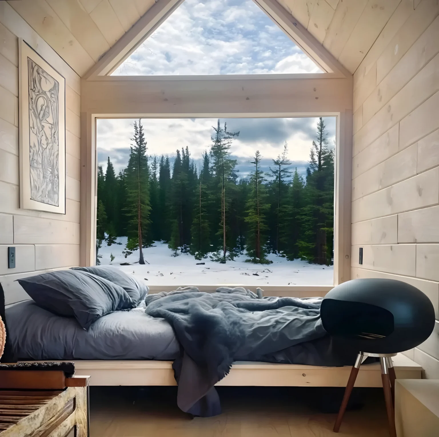 intérieur mini maison mobile Overnighter par Nordic & Spruce côté chambre avec pignon vitré