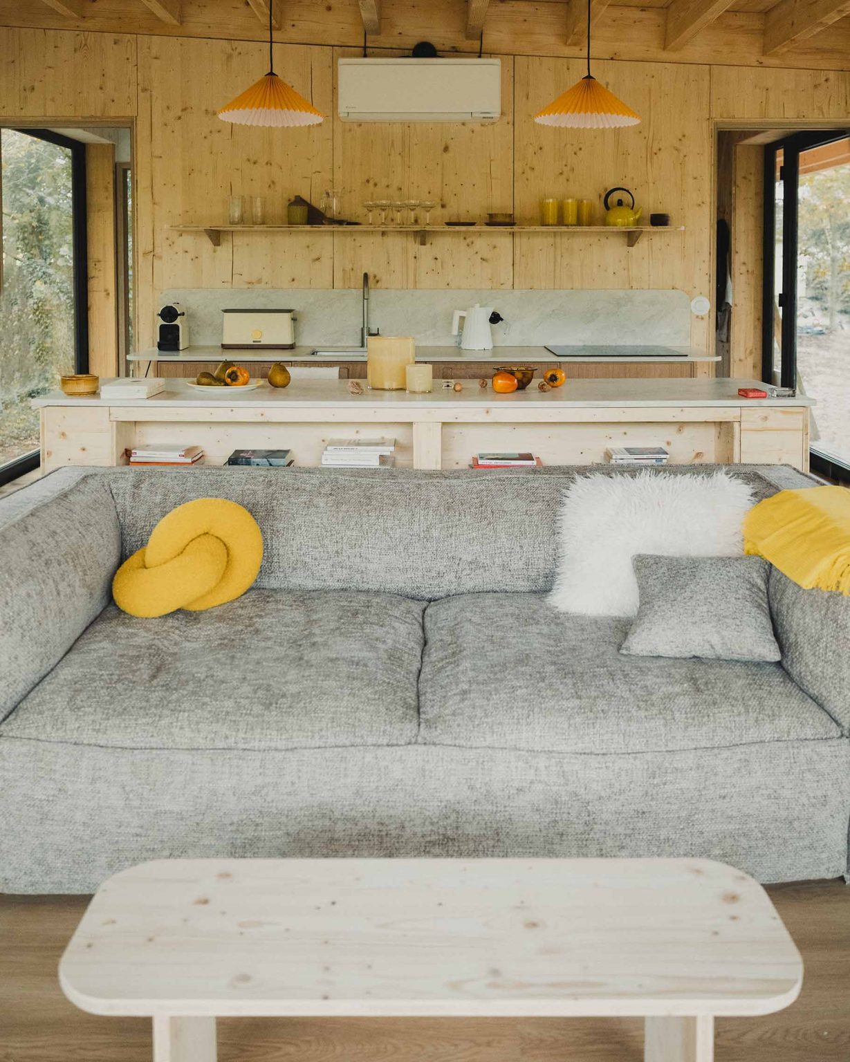 salon et cuisine petite maison en bois Bleu Bicoque
