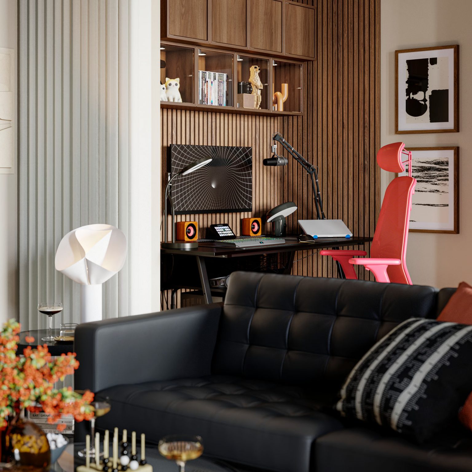 salon design IKEA style mid-century avec espace gaming