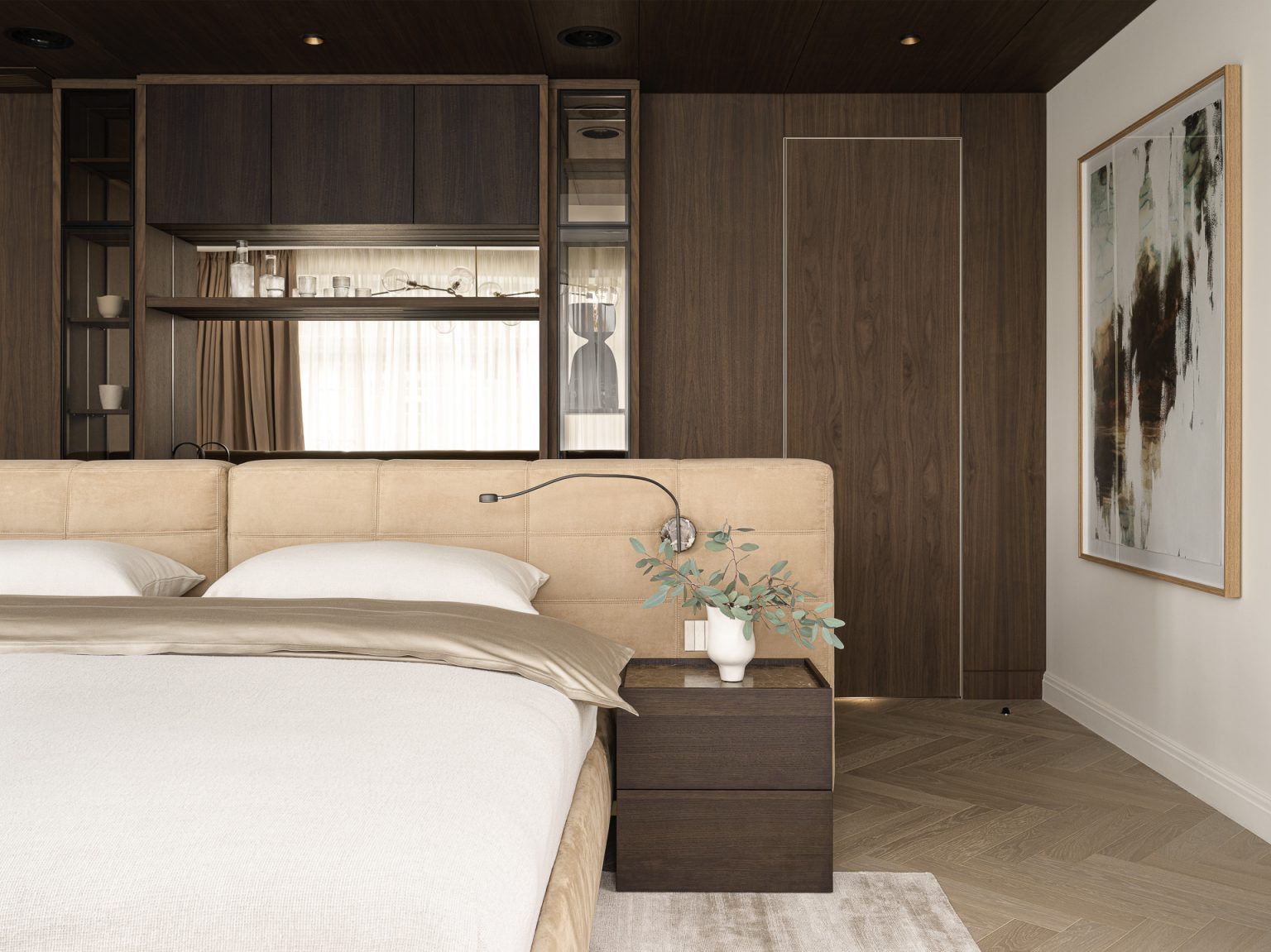chambre murs bois noyer décoration contemporaine