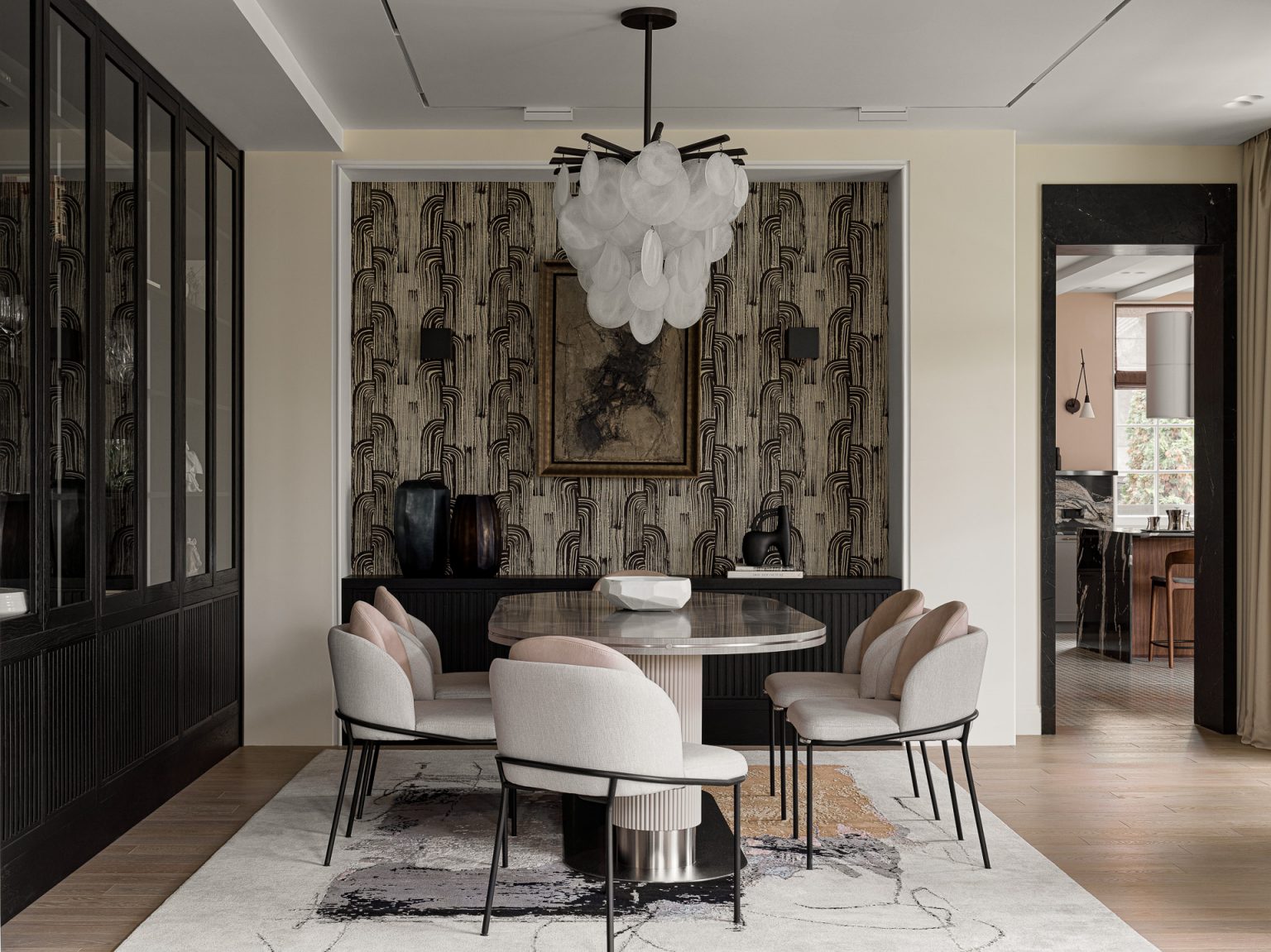 salle à manger avec papier-peint décoration contemporaine