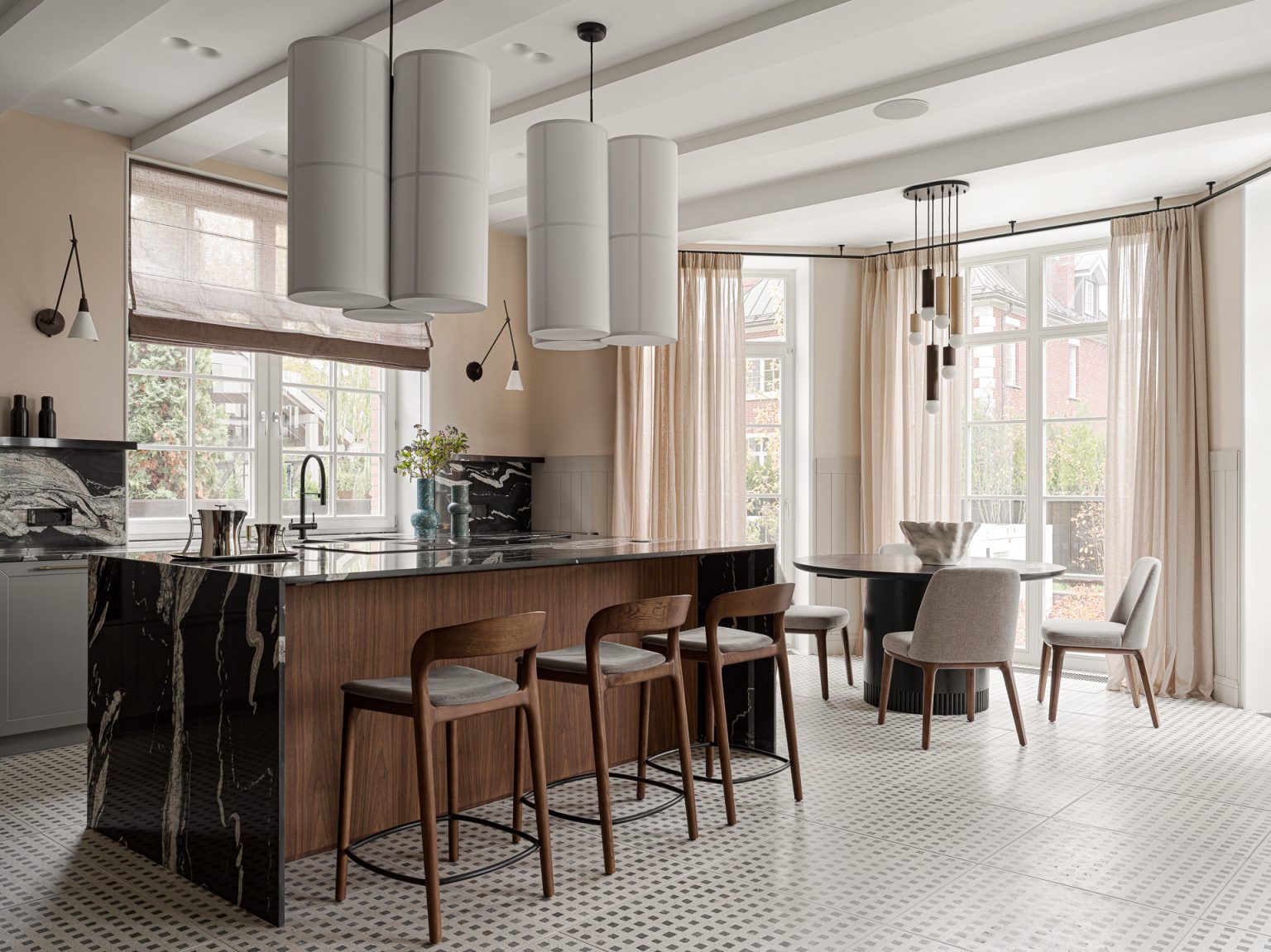 cuisine grise et noyer ouverte décoration contemporaine