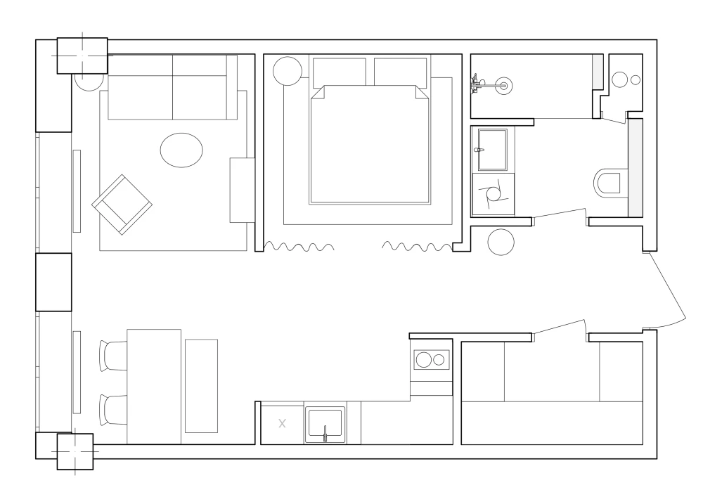 plan studio 42m2 vintage et coloré