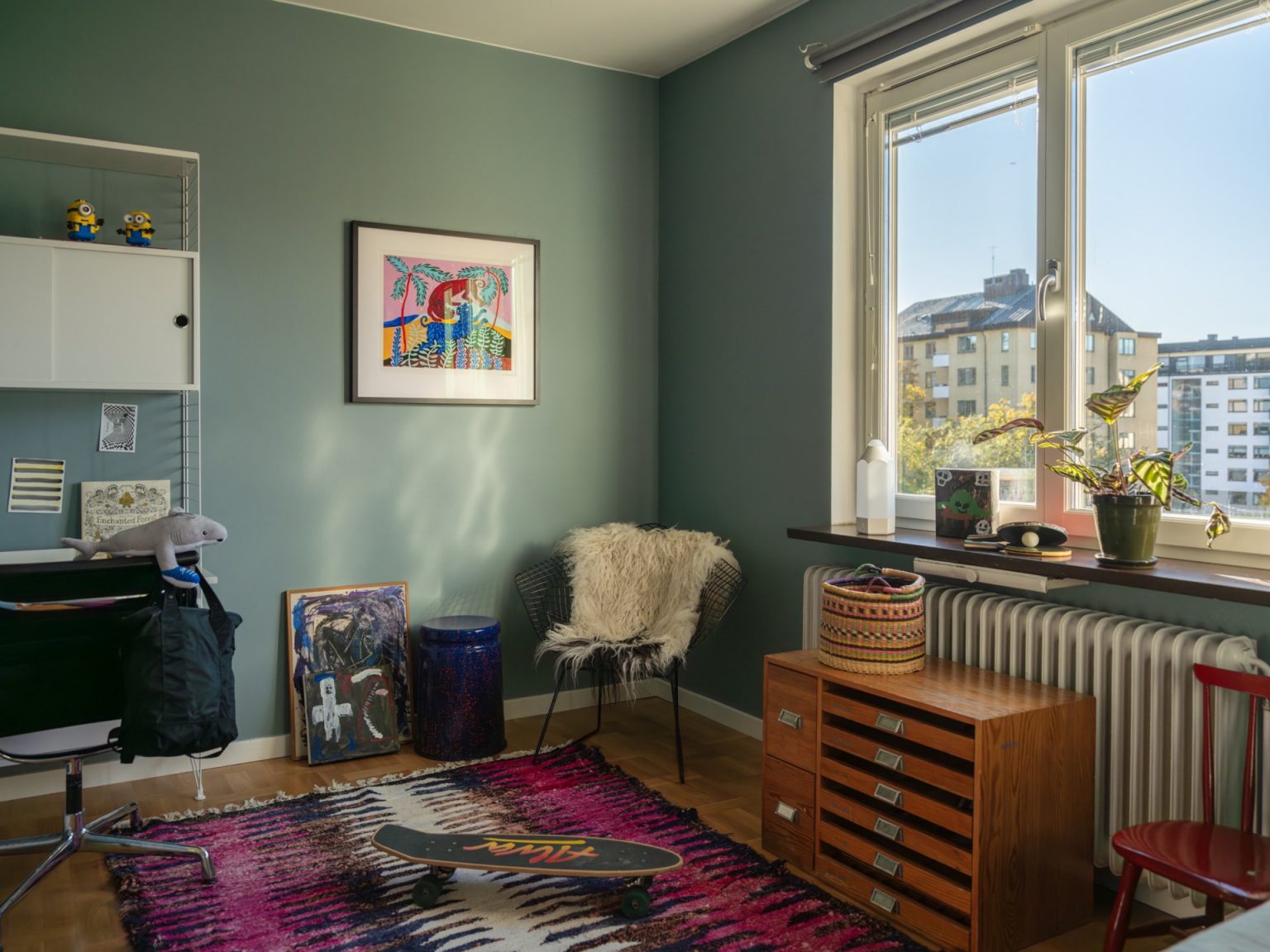 chambre vintage murs bleus