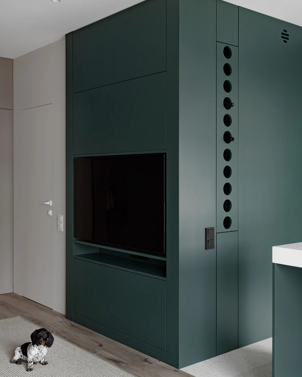 cuisine ouverte deux-pièces design 59m2 décoration verte et blanche