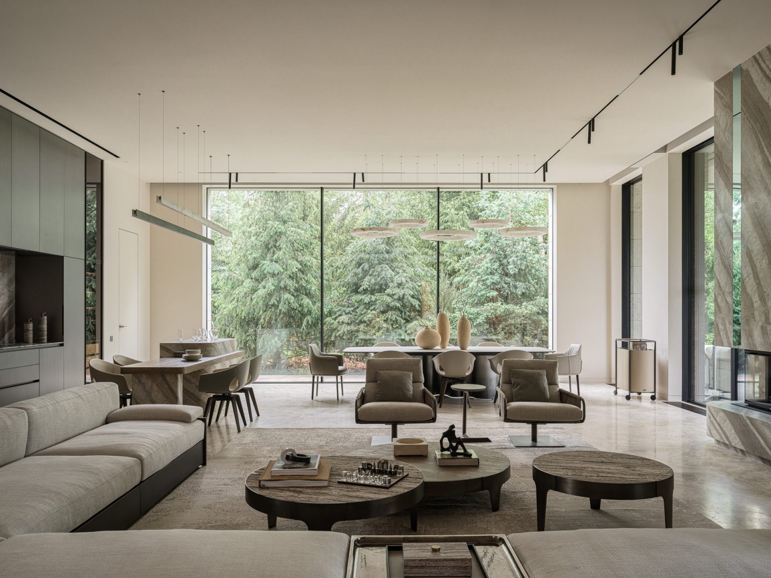 salon et salle à manger avec immenses baies vitrée panoramiques décoration contemporaine