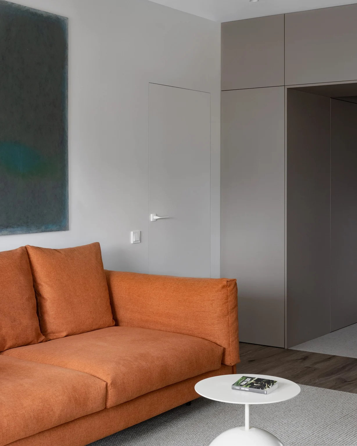 salon deux-pièces design 59m2 décoration verte et orange