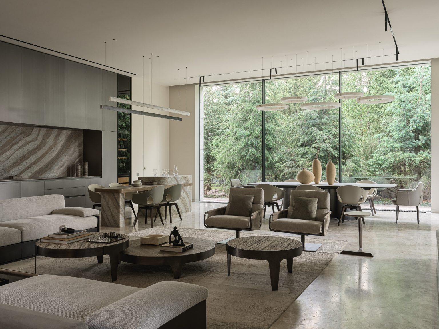 salon salle à manger et cuisine avec immenses baies vitrée panoramiques décoration contemporaine